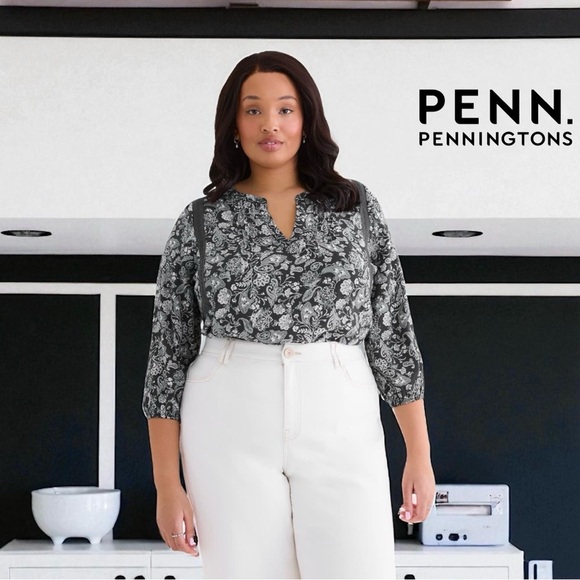 NWOT, Penningtons, Plus Size 2X Blouse With Split Mandarin Collar, Gray - Picture 1 of 11